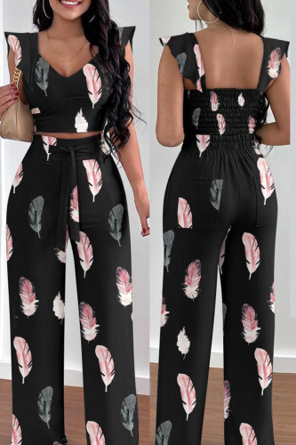 Black Casual Print Backless V Neck Sleeveless Two Pieces