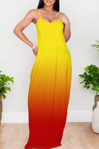 Yellow Red Elegant Gradient Print Patchwork Backless Spaghetti Strap Sling Dresses