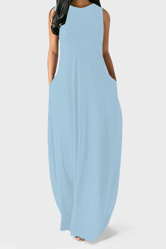 Sky Blue Casual Solid Color Pocket O Neck Vest Dresses