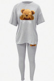 Grey Casual Print Patchwork O Neck Short Sleeve Two Pieces