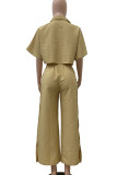 Green Casual Solid Color Buckle Patchwork Turndown Collar Half Sleeve Two Pieces