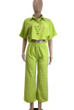 Green Casual Solid Color Buckle Patchwork Turndown Collar Half Sleeve Two Pieces