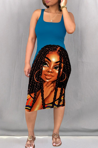 Blue Casual Print Patchwork Square Collar Wrapped Skirt Dresses