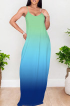 Green Blue Elegant Gradient Print Patchwork Backless Spaghetti Strap Sling Dresses