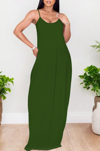 Green Sexy Solid Color Pocket U Neck Sling Dresses
