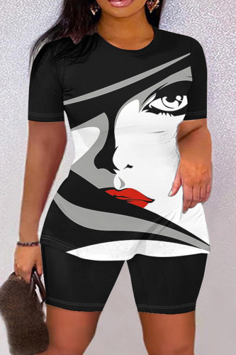Black And White Casual Print Basic O Neck Short Sleeve Two Pieces