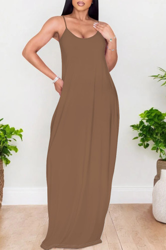 Deep Coffee Sexy Solid Color Pocket U Neck Sling Dresses