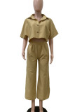 Green Casual Solid Color Buckle Patchwork Turndown Collar Half Sleeve Two Pieces