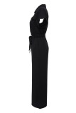 Black Casual Solid Color Pocket Patchwork Turndown Collar Regular Jumpsuits