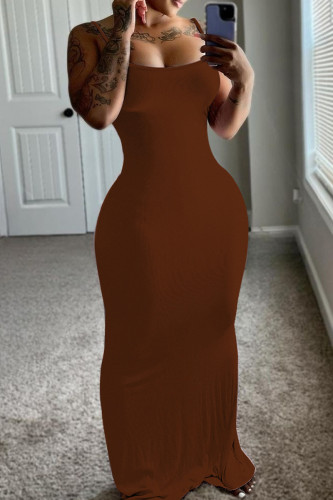 Dark Coffee Casual Solid Patchwork Backless Spaghetti Strap Sling Dresses