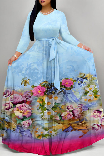 Light Blue Elegant Floral Print Lace Up O Neck Printed Dresses