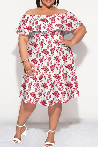 Red White Sexy Print Patchwork Backless Off Shoulder A Line Plus Size Dresses