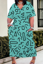Cyan Casual Print Pocket Patchwork V Neck Straight Plus Size Dresses