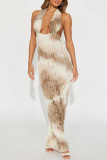 Camel Elegant Tie Dye Hollow Out Patchwork Backless Deep V Neck Long Dresses