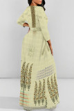 Cream White Elegant Floral Print Lace Up O Neck Printed Dresses
