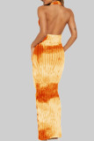 Camel Elegant Tie Dye Hollow Out Patchwork Backless Deep V Neck Long Dresses