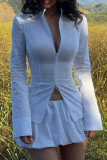 White Sexy Solid Color Patchwork Ruched Zipper Zipper Collar Long Sleeve Two Pieces