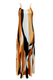 khaki Brown Elegant Print Patchwork Backless Spaghetti Strap Sling Dresses