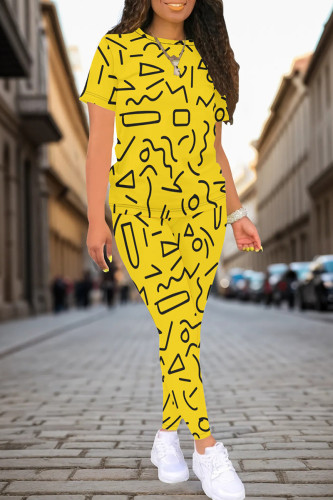 Yellow Casual Print Patchwork O Neck Short Sleeve Two Pieces