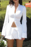 White Sexy Solid Color Patchwork Ruched Zipper Zipper Collar Long Sleeve Two Pieces