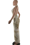Camel Elegant Tie Dye Hollow Out Patchwork Backless Deep V Neck Long Dresses