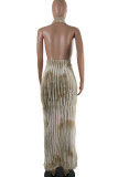 Camel Elegant Tie Dye Hollow Out Patchwork Backless Deep V Neck Long Dresses