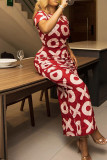 Red Elegant Print Patchwork Ruched O Neck Short Sleeve Two Pieces