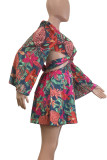 Pink Sexy Print Strap Design Patchwork V Neck Long Sleeve Two Pieces