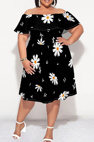 Black And White Sexy Print Patchwork Backless Off Shoulder A Line Plus Size Dresses