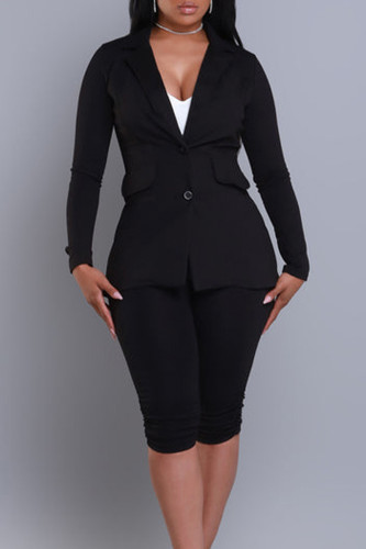Black Casual Solid Color Buttons Patchwork Turn-back Collar Long Sleeve Two Pieces