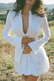 White Sexy Solid Color Patchwork Ruched Zipper Zipper Collar Long Sleeve Two Pieces