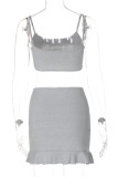 Black Sexy Solid Color Patchwork Backless Ruffled Trim Spaghetti Strap Sleeveless Two Pieces