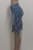 Baby Blue Street Solid Color Fringed Trim Pocket Buttons Patchwork Zipper A Line Plus Size