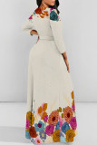 Cream White Elegant Floral Print Lace Up O Neck Printed Dresses