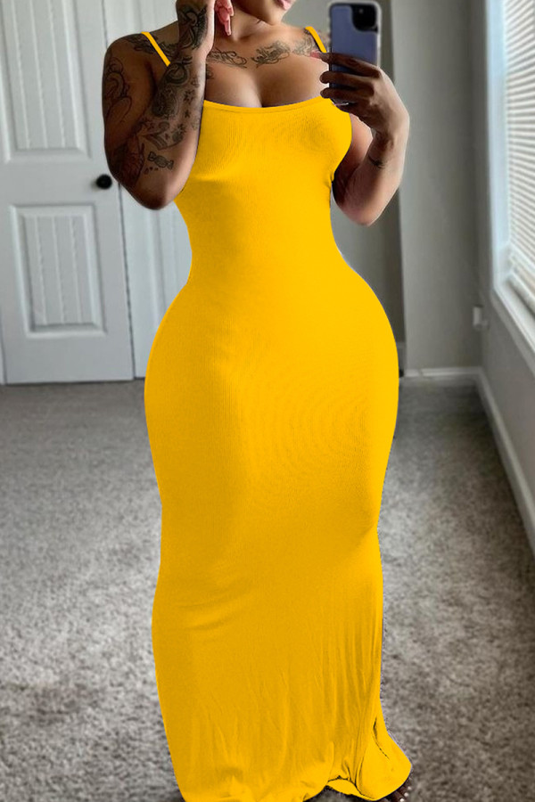 Yellow Casual Solid Patchwork Backless Spaghetti Strap Sling Dresses