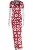 Red Elegant Print Patchwork Ruched O Neck Short Sleeve Two Pieces