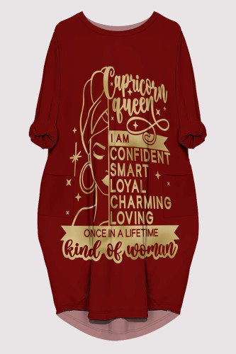 Burgundy Casual Letter Print Pocket O Neck Printed Dresses