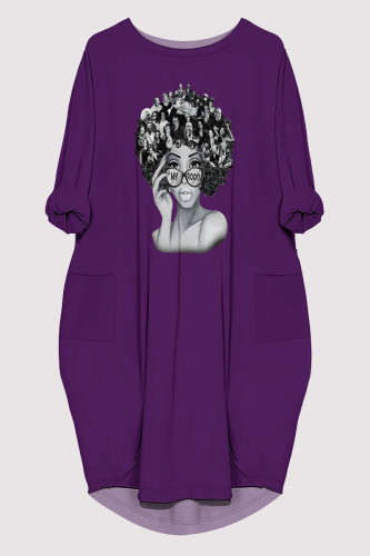 Purple Casual Figure Print Pocket O Neck Printed Dresses