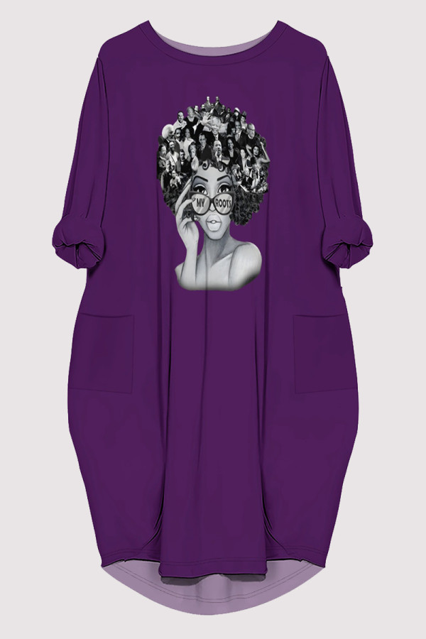 Purple Casual Figure Print Pocket O Neck Printed Dresses