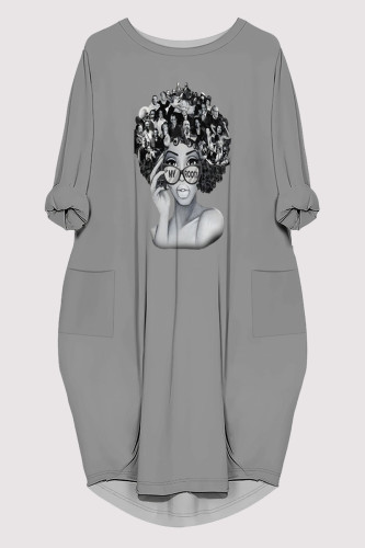 Grey Casual Figure Print Pocket O Neck Printed Dresses