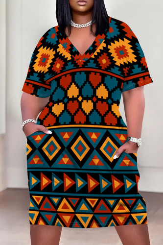 Blue Red Casual Print Pocket Patchwork V Neck Straight Plus Size Dresses
