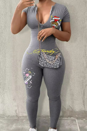 Grey Casual Print Patchwork Zipper Zipper Collar Skinny Jumpsuits