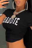 Black And White Sexy Letters Patchwork O Neck T-Shirts