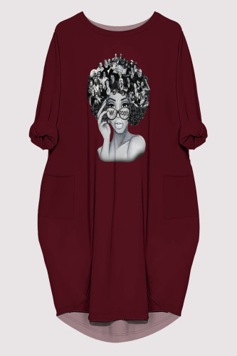 Burgundy Casual Figure Print Pocket O Neck Printed Dresses