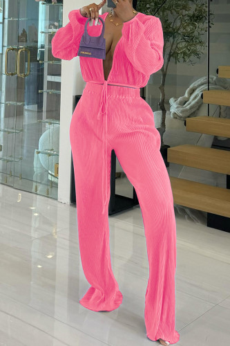 Pink Casual Solid Color Patchwork Strap Design Deep V Neck Long Sleeve Two Pieces