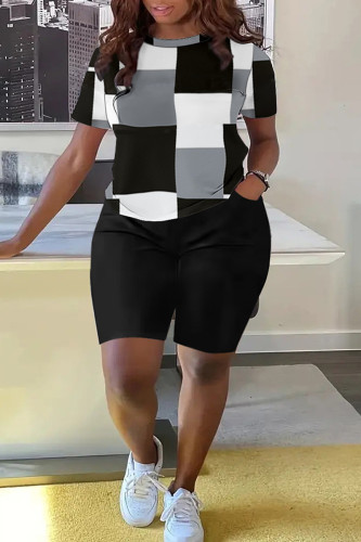 Black Casual Print Pocket Patchwork O Neck Short Sleeve Two Pieces