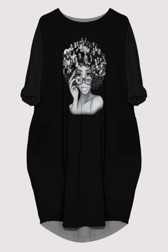 Black Casual Figure Print Pocket O Neck Printed Dresses