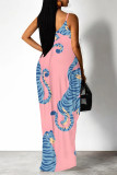 Pink Sexy Animal Print Pocket V Neck Printed Dresses