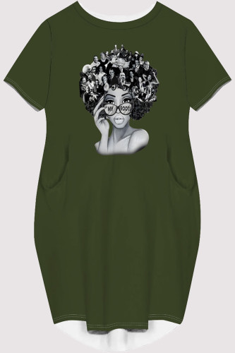 Army Green Casual Figure Print Pocket O Neck Printed Short Sleeve Dress