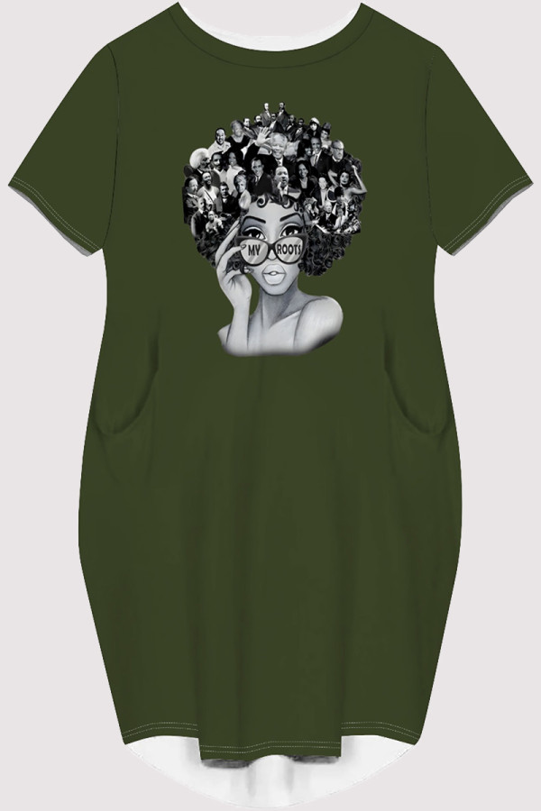 Army Green Casual Figure Print Pocket O Neck Printed Short Sleeve Dress